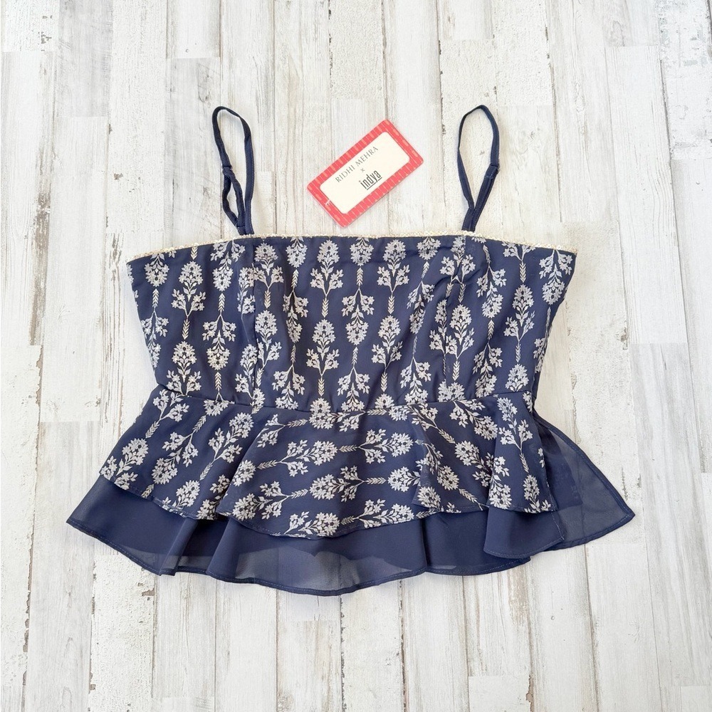 Ridhi Mehra x Indya Navy Blue Peplum Cami Top Metallic Floral Women's M NWT